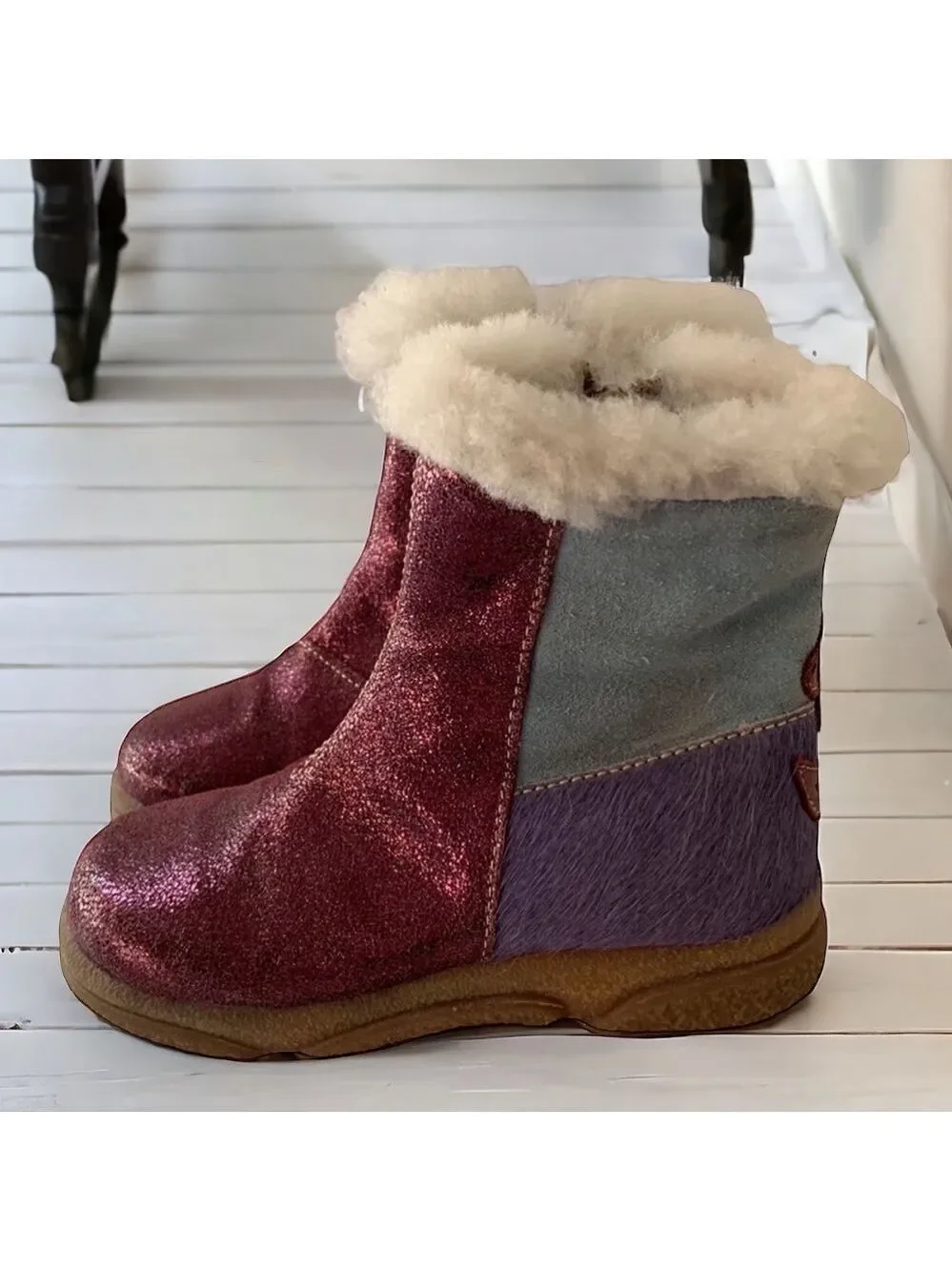 Mokine Toddler Genuine Leather Faux Fur Boots Purple Blue Made in Italy Size 6